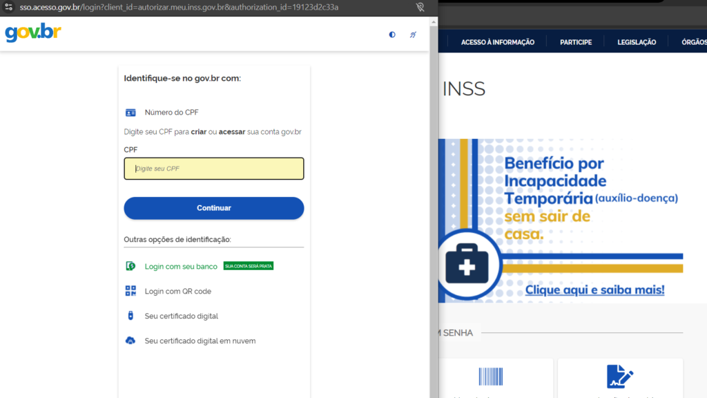 A imagem mostra a página inicial do Meu INSS, onde a pessoa pode colocar seu CPF e senha.