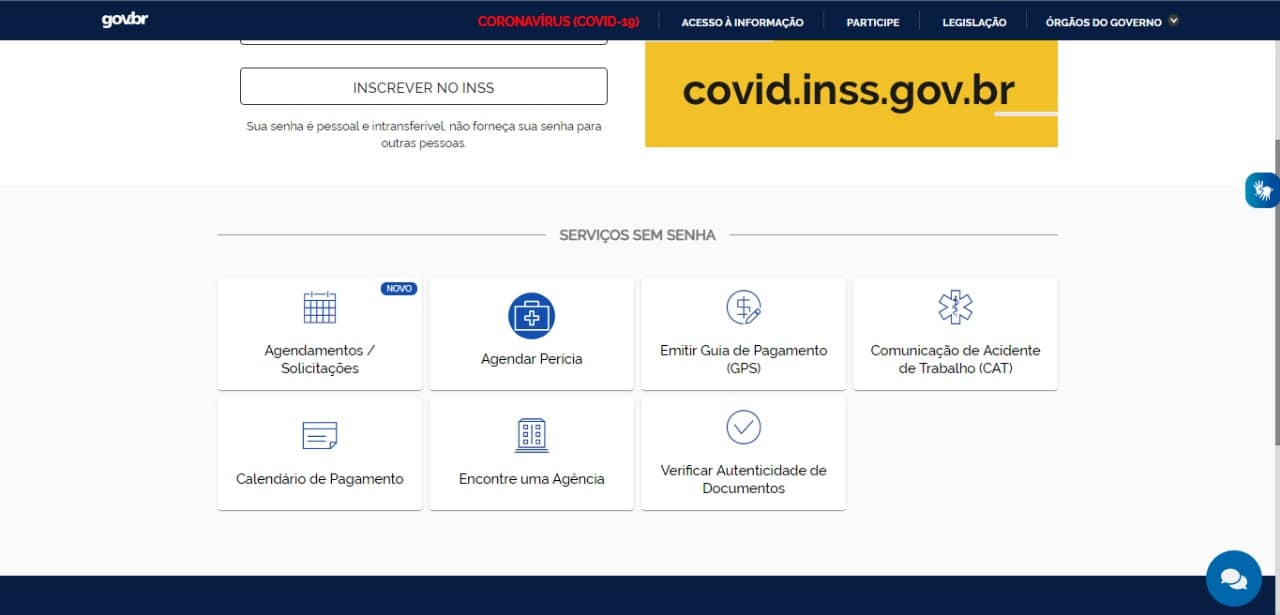 Print da tela do site "Meu INSS" com a lista de opções de serviços sem senha.