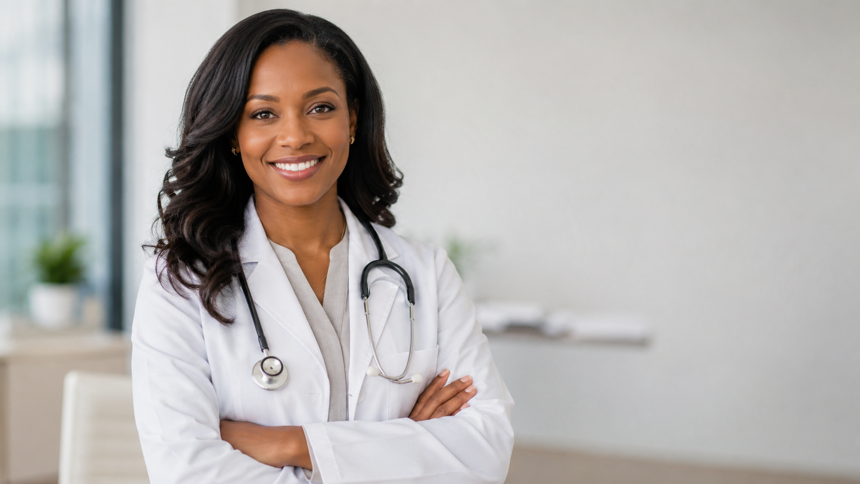 Médica negra sorrindo em consultório, representando aposentadoria especial para profissionais da saúde.