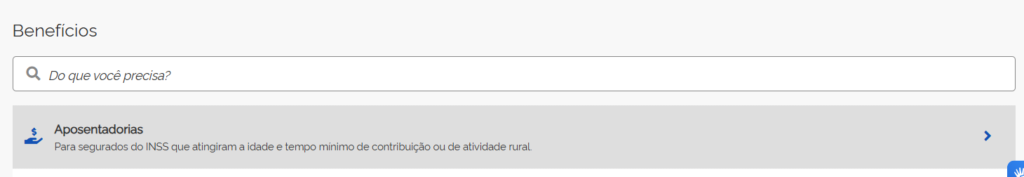 A imagem mostra a opção "aposentadorias" do Meu INSS.