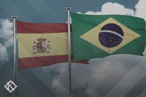 Bandeiras do Brasil e da Espanha com o céu ao fundo. Imagem ilustrando a publicação 