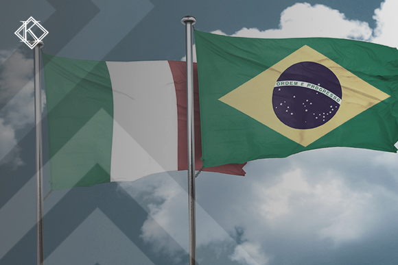 Bandeiras do Brasil e da Itália ilustrando a publicação "Acordo Previdenciário Itália e Brasil: quais os direitos e como usar?", da Koetz Advocacia.