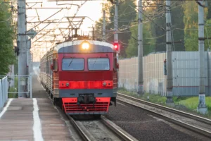 A imagem mostra um trem andando sobre os trilhos.