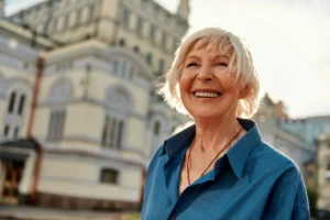 A imagem mostra uma mulher sênior bonita e feliz sorrindo em pé ao ar livre em um ensolarado. Contemplando como se aposentar pelo Estado.