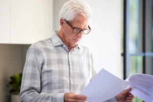 A imagem mostra um homem sênior, de cabelos brancos, analisando, documentos e ilustra o texto sobre o que fazer quando a empresa não fornece PPP.