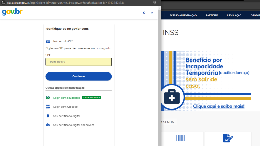 A imagem mostra a parte inicial do Meu INSS, onde é possível entrar com CPF e senha.