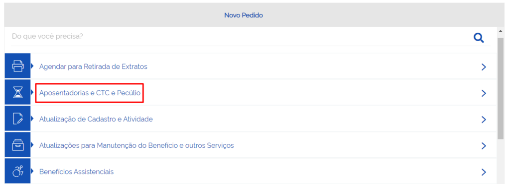 A imagem mostra as opções após clicar em "Novo Pedido". A opção “Aposentadorias e CTC e Pecúlio” está destacada.