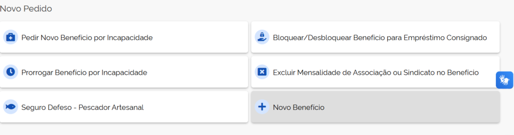 A imagem mostra a parte de "Novo Benefício" do Meu INSS.