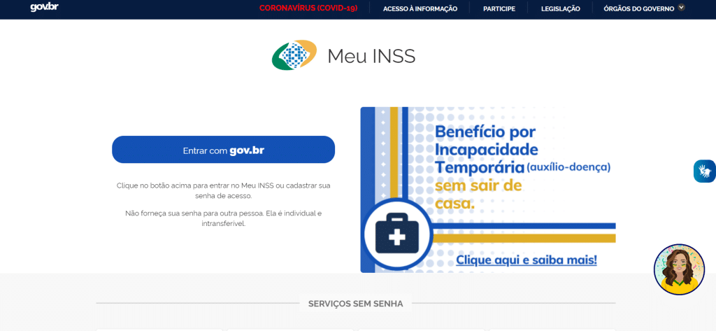 A imagem mostra a página inicial do site oficial do INSS.