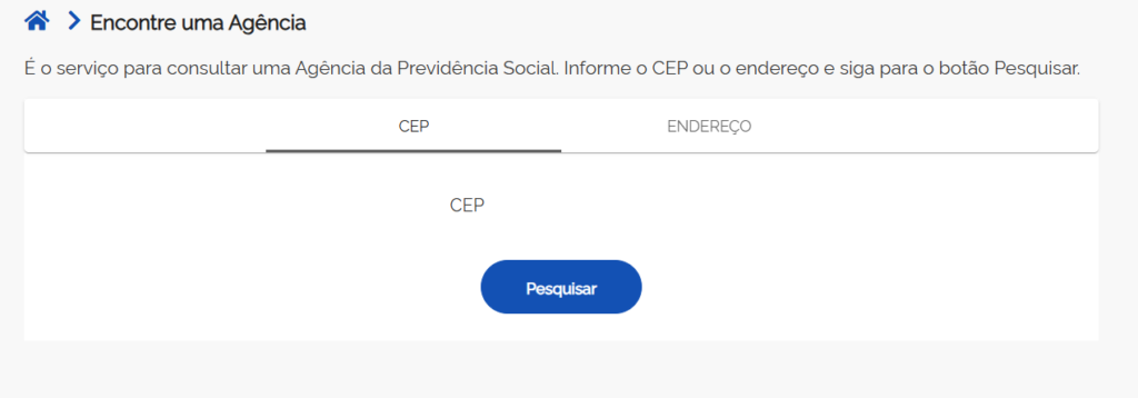 A imagem mostra a parte de "Encontre uma Agência" do meu INSS, com opção de CEP e Endereço.