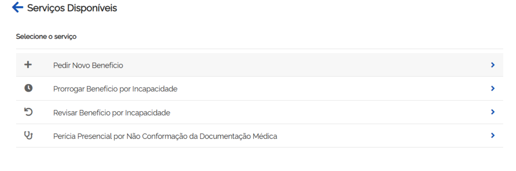 A imagem mostra os serviços disponíveis do meu INSS. As opções incluir pedir um novo benefício, prorrogar, revisar etc.