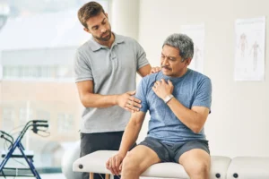 A imagem mostra um homem sênior, de cabelos curtos e grisalhos, sendo atendido por um fisioterapeuta.