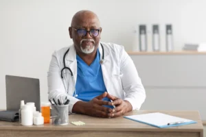 A imagem mostra um médico de meia idade, de jaleco, estetoscópio em volta do pescoço, sentado à mesa de seu consultório. Ilustra o texto sobre aposentadoria especial do médico.