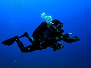 A imagem motra um mergulhador submerso no oceano.