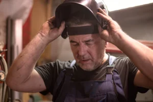 A imagem mostra um metalúrgico de meia-idade, trabalhando, enquanto arruma o equipamento de proteção.