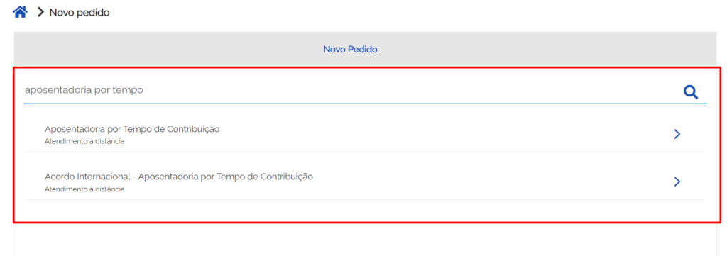 A imagem mostra a parte "Novo Pedido". No buscador está escrito: "aposentadoria por tempo" e a opção "Aposentadoria por Tempo de Contribuição" está em destaque, incluindo a internacional.