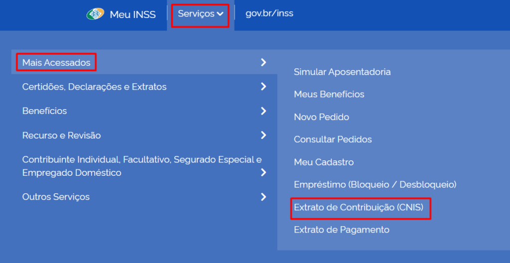 A imagem mostra a parte inicial do site Meu INSS. Há em destaque “Serviços”, “Mais Acessados” e, por fim, “Extrato de Contribuição (CNIS)".