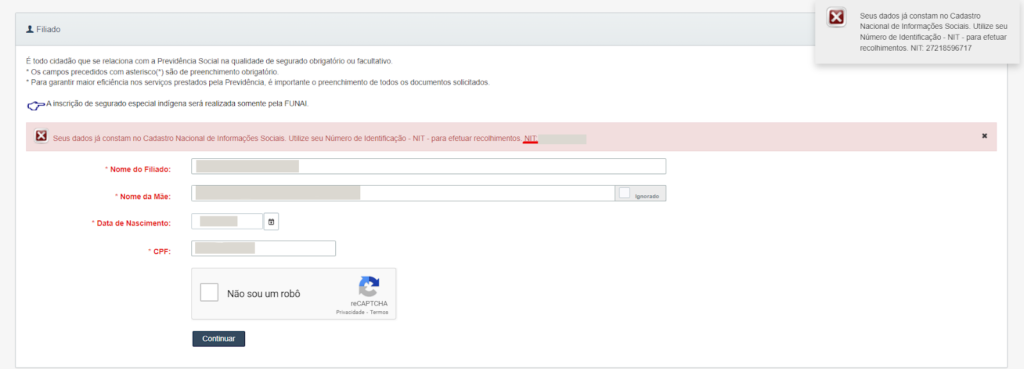 A imagem mostra uma tentativa de nova inscrição no INSS através do CNIS. O número do NIT está em destaque.