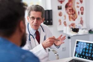 A imagem mostra um médico sênior, de jaleco, conversando com seu paciente. Ele possui cabelos curtos grisalhos, usa óculos de grau e um jaleco branco.