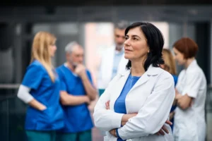 A imagem mostra um grupo de médicos no hospital. E ilustra o texto sobre assistência jurídica para médicos.