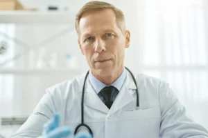 A imagem mostra um médico de meia-idade, usando jaleco e estetoscópio e olhando para a câmera. Ilustra o texto sobre medos dos médicos.