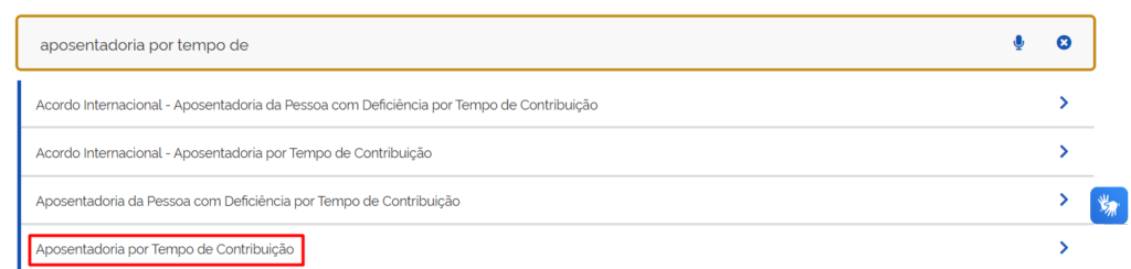 A imagem mostra a opção de aposentadoria por tempo de contribuição no Meu INSS.