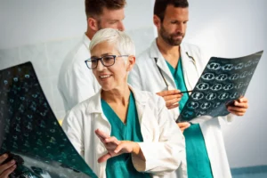 A imagem mostra uma equipe de médicos analisando raios-x, liderados por uma médica de meia idade, de cabelos brancos e curtos. Ilustra o texto sobre como calcular PPP para aposentadoria.