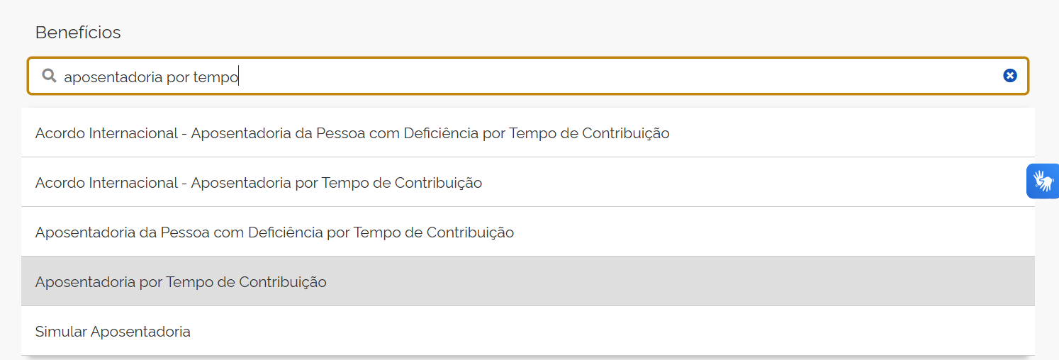A imagem mostra a opção "aposentadoria por tempo de contribuição" no Meu INSS.