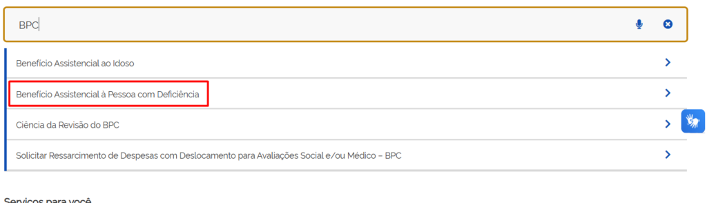 A imagem mostra a opção de BPC/LOAS no Meu INSS.