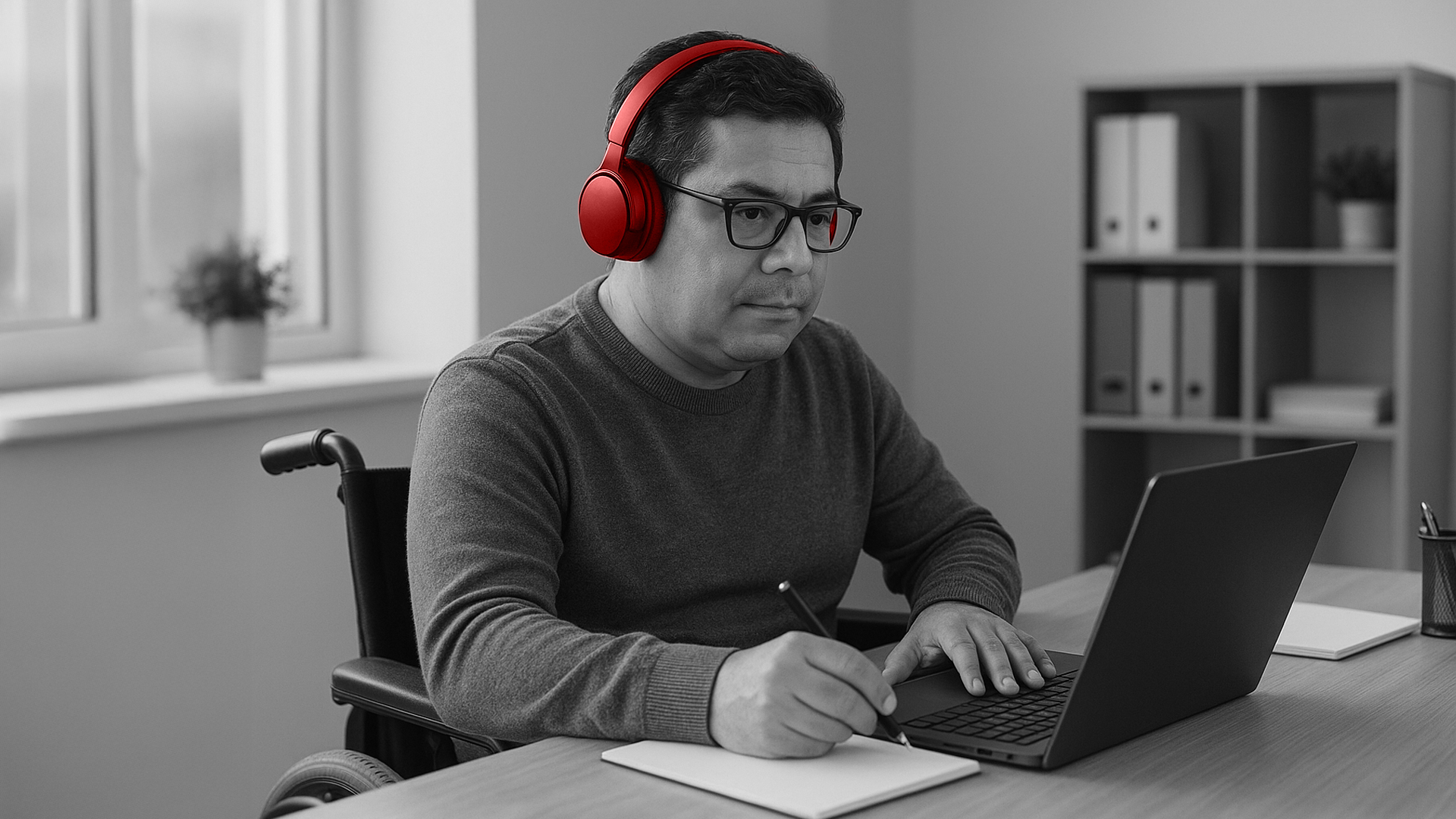 A imagem mostra um homem de meia idade, cadeirante, utilizando o laptop, com fones de ouvido.