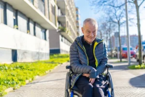 A imagem mostra um homem de meia-idade, em uma cadeira de rodas, ao ar livre, com deficiência mental, sorrindo e olhando para a câmera. Ilustra o texto sobre alienação mental.