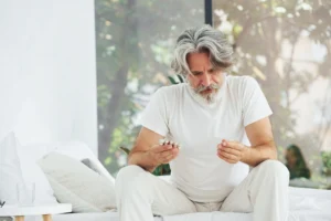 A imagem mostra um homem idoso, sentado em seu sofá, dentro de casa, olhando para cartelas de remédios que segura nas duas mãos. Ilustra o texto sobre Aposentadoria por doença crônica.