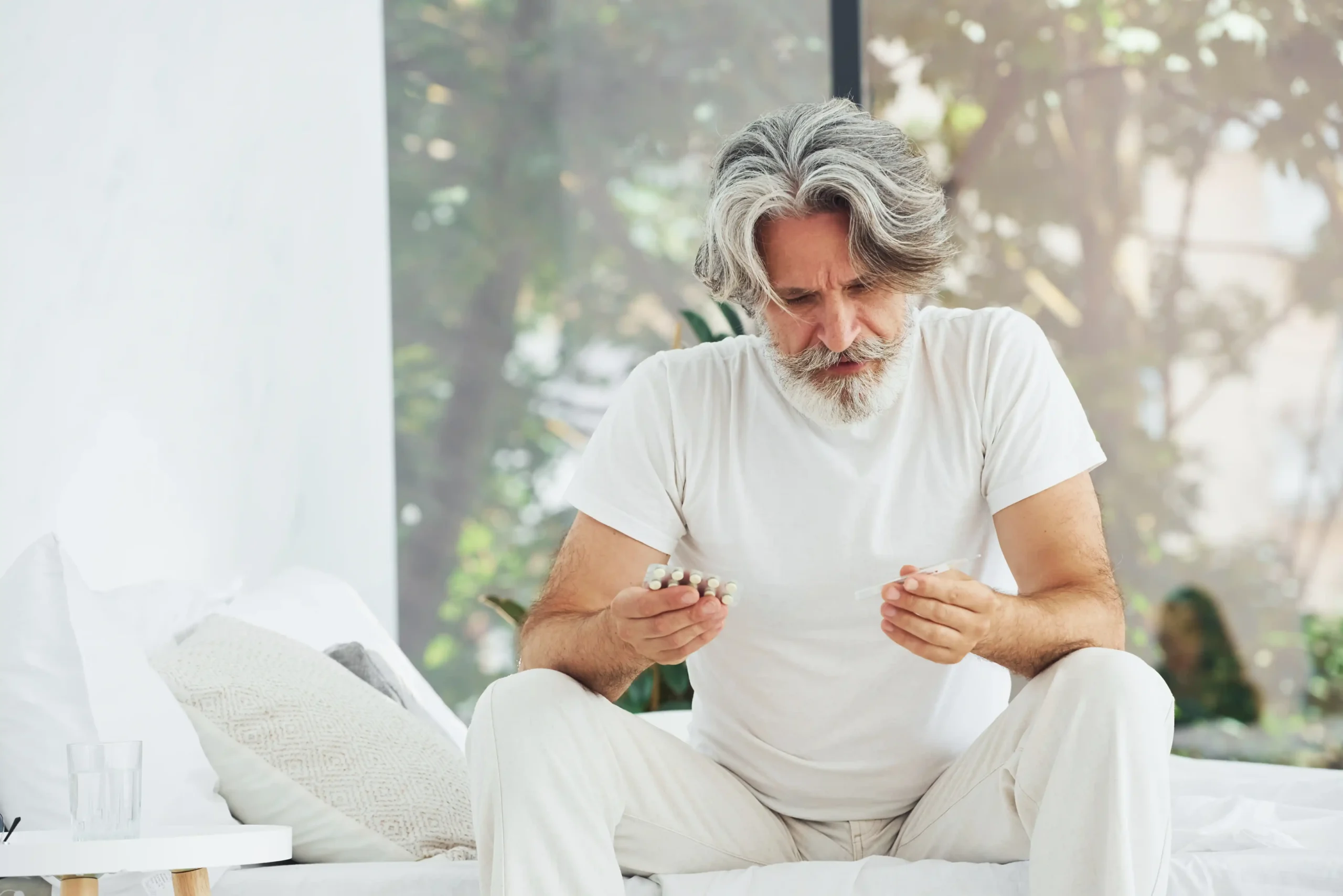 A imagem mostra um homem idoso, sentado em seu sofá, dentro de casa, olhando para cartelas de remédios que segura nas duas mãos. Ilustra o texto sobre Aposentadoria por doença crônica.