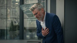 A imagem mostra um homem de meia-idade, de terno, colocando um das mãos no coração, sofrendo dores. Ilustra o texto sobre arritmia.