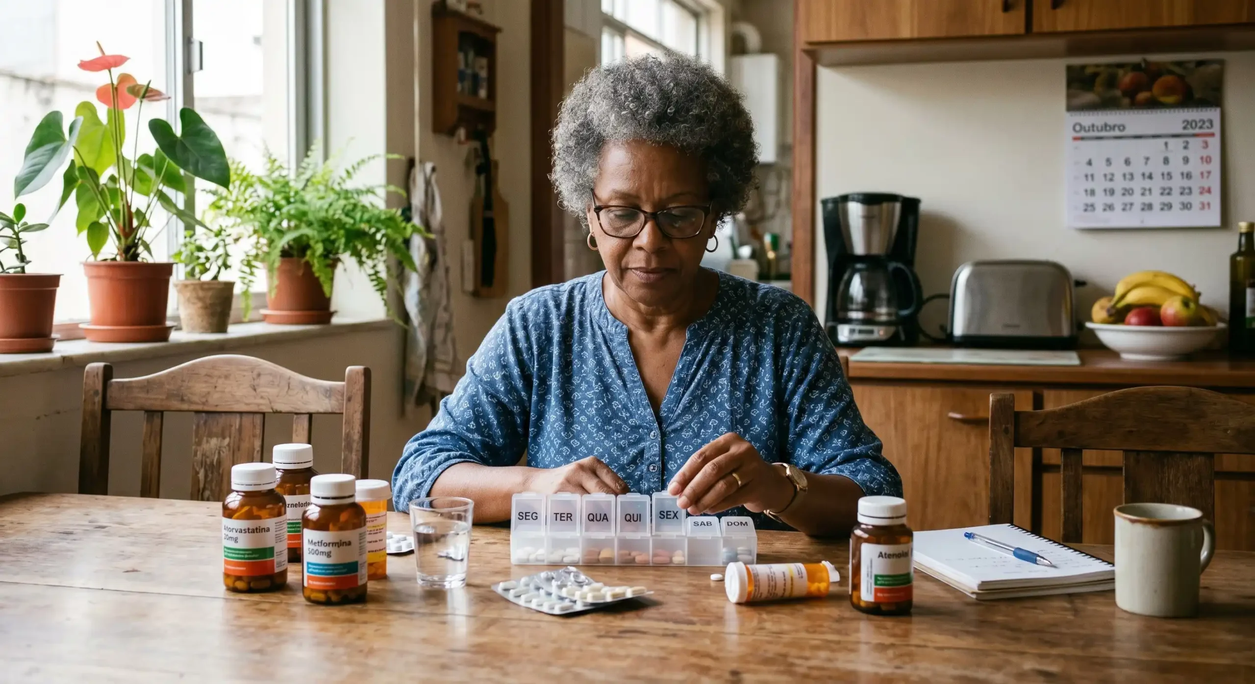 A imagem mostra uma mulher de meia-idade, sentada à mesa de sua cozinha, organizando seus remédios diários. Ilustra o texto sobre Doenças que isentam imposto de renda.