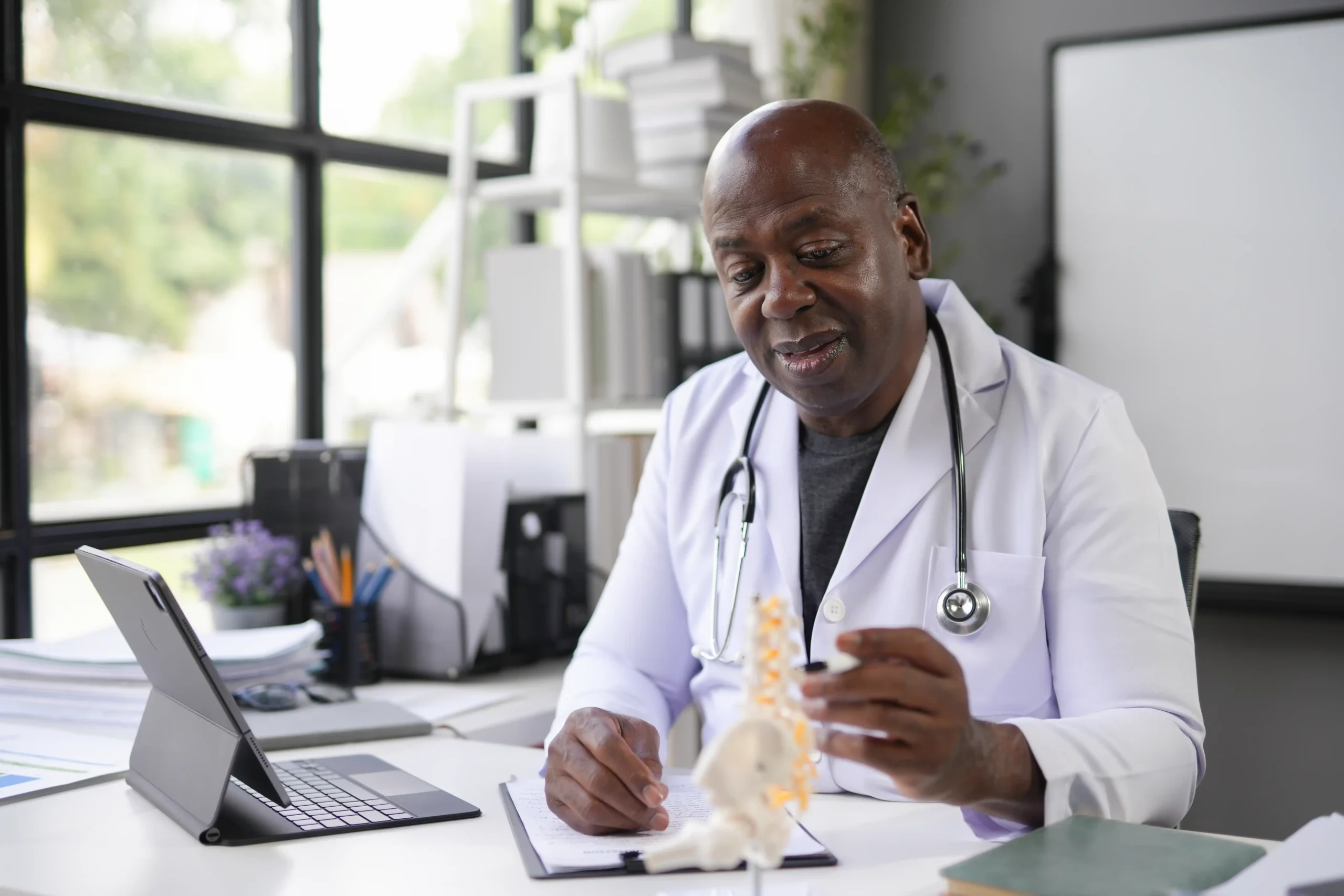 A imagem mostra um médico, usando jaleco e estetoscópio em volta do pescoço. Ele está sentado à mesa, em seu consultório, atendendo um paciente remotamente através do tablet. Ilustra o texto sobre planejamento previdenciário para médicos.