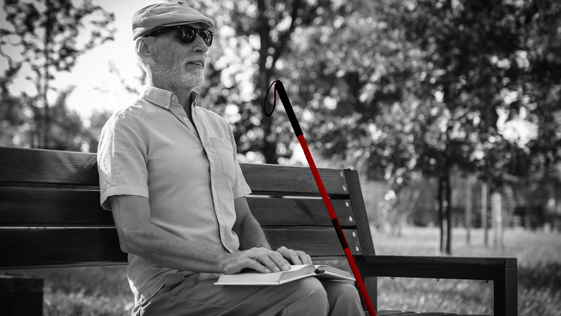 A imagem mostra um homem cego, idoso, sentando em um banco ao ar livre. Ele lê um livro em braile, enquanto tem sua bengala ao lado.