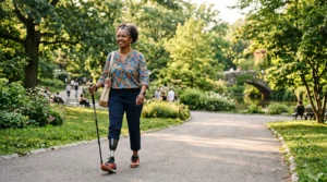 A imagem mostra uma mulher de meia-idade, com uma prótese em uma das pernas, sorrindo, caminhando ao ar livre.
