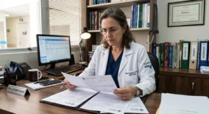 A imagem mostra uma média de meia-idade, sem seu consultório, sentada à mesa, verificando documentos com uma expressão séria. Ilustra o texto sobre aposentadoria especial negada por idade o que fazer.