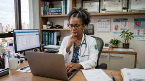 A imagem mostra uma médica de meia-idade, com expressão pensativa, sentada à mesa de seu consultório, utilizando um laptop. Ilustra o texto sobre a revisão de aposentadoria especial e ADI 6309 do STF.