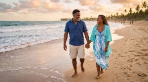 A imagem mostra um casal de meia-idade, sorrindo, de mãos dadas, enquanto andam por uma praia.