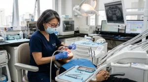 A imagem mostra uma dentista de meia-idade, em seu consultório, atendendo um paciente e ilustra o texto sobre a aposentadoria especial e a regra de pontos se acabou.
