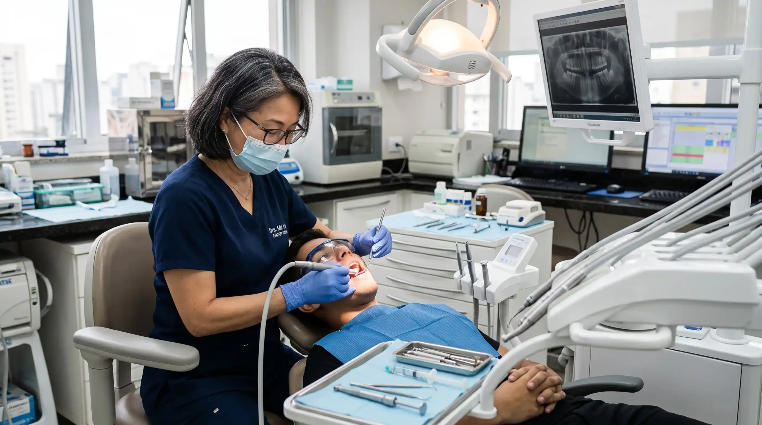 A imagem mostra uma dentista de meia-idade, em seu consultório, atendendo um paciente e ilustra o texto sobre a aposentadoria especial e a regra de pontos se acabou.