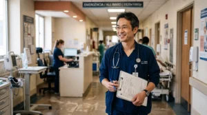 A imagem mostra um médico de meia-idade, em ambiente hospitalar, sorrindo.