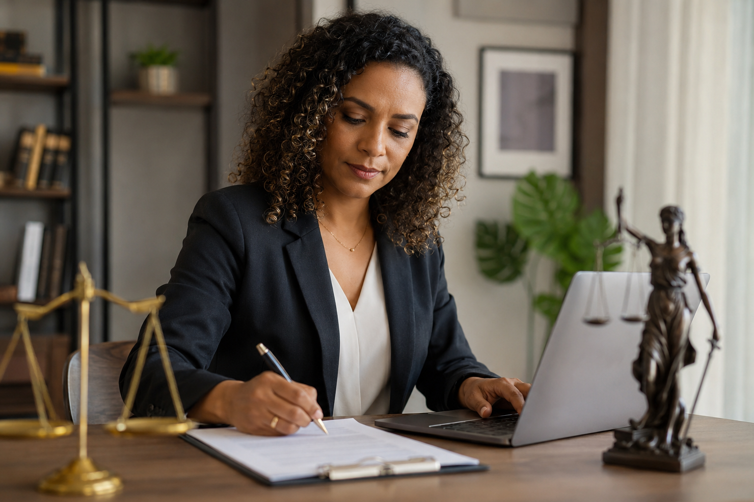 Mulher parda mais velha, de cabelos cacheados grisalhos, trabalhando em uma mesa de escritório com notebook e documentos, em ambiente jurídico profissional.