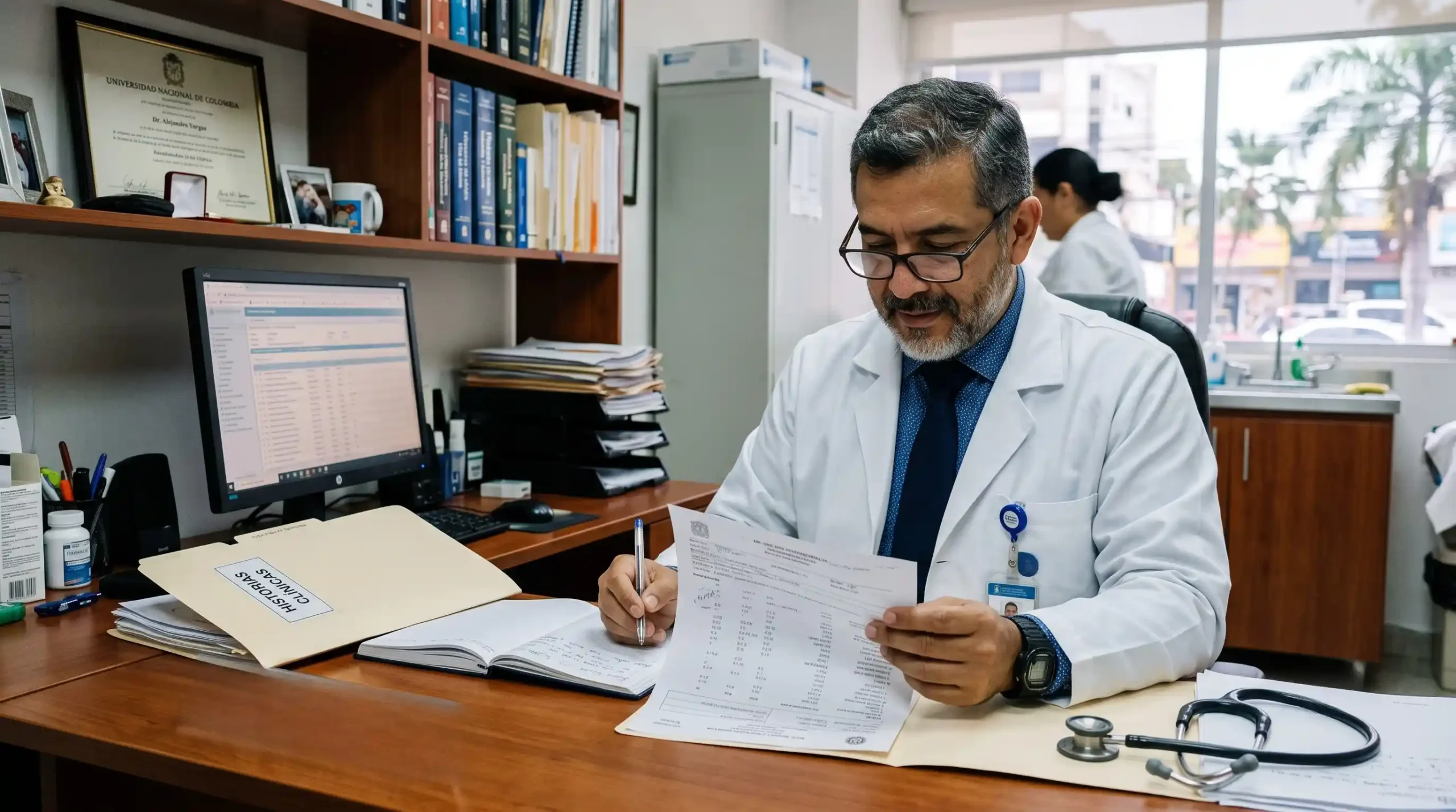 A imagem mostra um médico de meia-idade, sentado à mesa, em ambiente clínico, olhando documentos. Ilustra o texto sobre aposentadoria especial retroativo do STF.