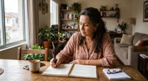 A imagem mostra uma mulher de meia-idade, em sua casa, sentada à mesa, escrevendo em um caderno. Ilustra o texto sobre o tema 709 continuar trabalhando.