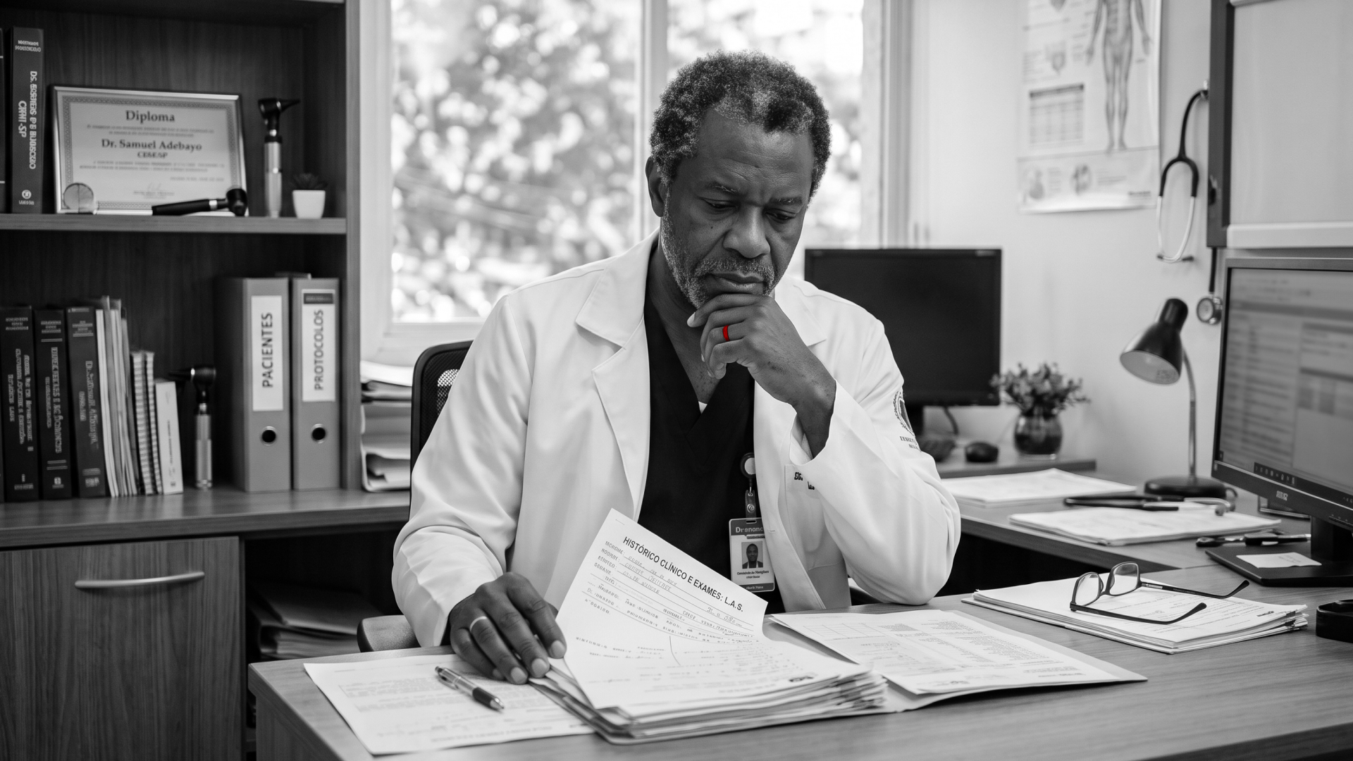 A imagem mostra um médico de meia-idade, em seu consultório, analisando documentos.