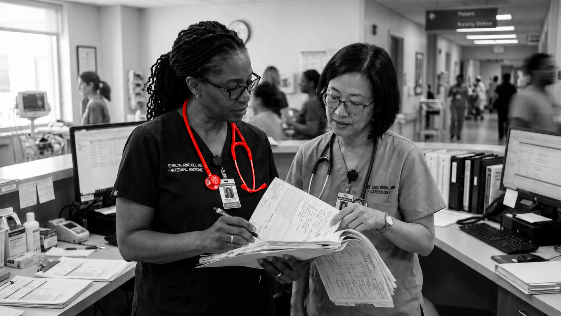 A imagem mostra duas médicas em ambiente hospitalar, visualizando um prontuário.