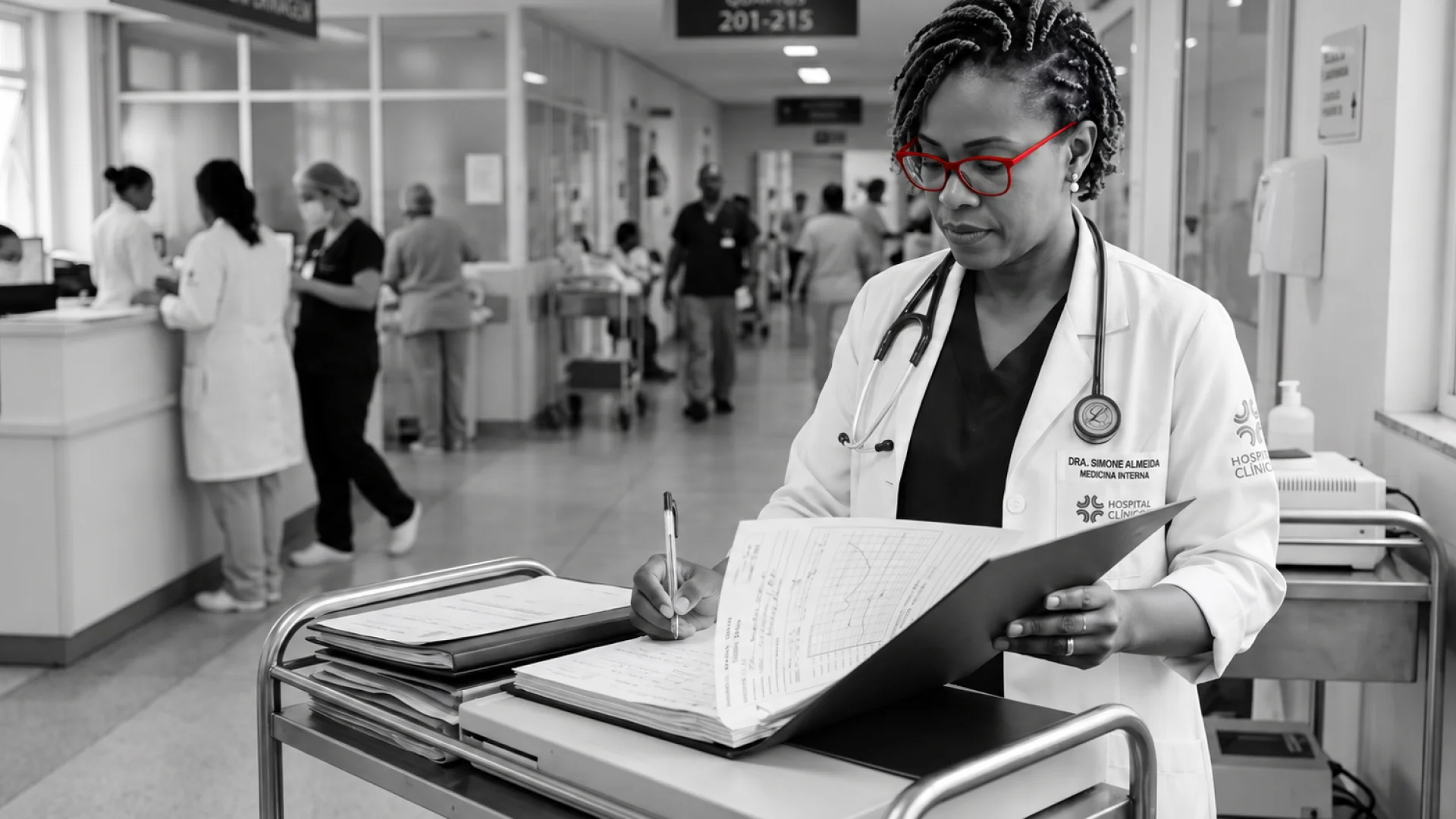 A imagem mostra uma médica, usando jaleco, estetoscópio, em ambiente hospitalar, checando prontuários.